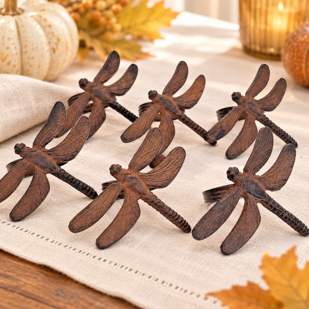 Pier 1 Dragonfly Napkin Rings Set of 6 Cast Iron Fall Autumn Thanksgiving Decor